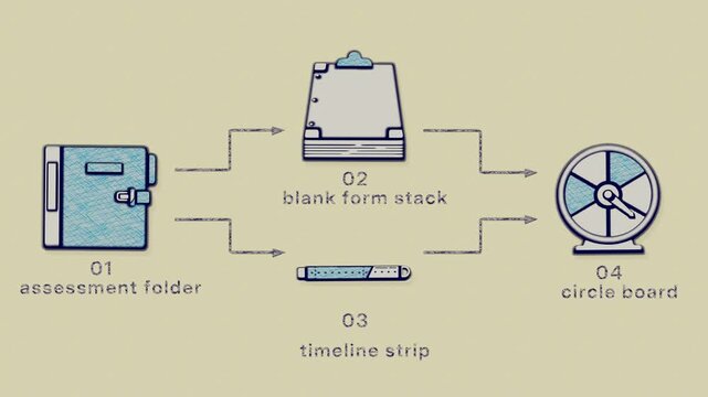 Assessment intake organizes forms, a timeline and review markers into two decision routes that converge before the case folder is closed. Flat 3D style with a coloured pencil texture; objects numbered