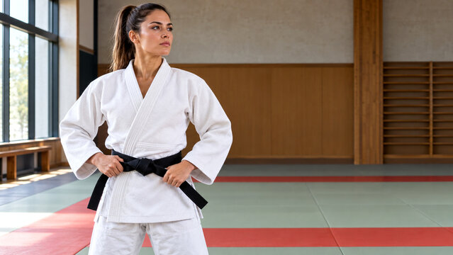 Female Judo Black Belt Athlete Standing Confidently in Martial Arts Dojo