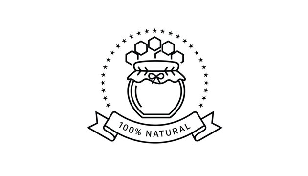 Simple line art logo for organic honey featuring a glass jar with honeycomb shapes and a one hundred percent natural label.