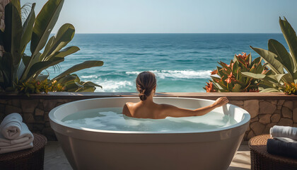 Plakat Woman Relaxing in a Luxury Outdoor Bathtub Overlooking the Ocean.