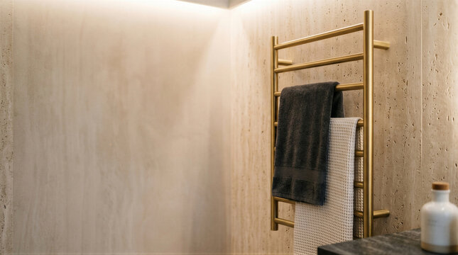 Modern bathroom interior with heated towel rack and folded towels. Contemporary hospitality and residential design concept with warm lighting and copy space