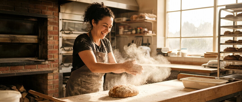 Young male baker with dark curly hair and medium brown skin tone dusting flour over fresh bread dough on wooden counter in rustic bakery kitchen with brick oven and natural light