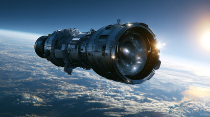 Fototapeta premium Next-generation space telescope observing distant galaxies from orbit, precision optics reflecting starlight, Earth below, realistic spacecraft, deep space, cinematic lighting, photorealistic. 