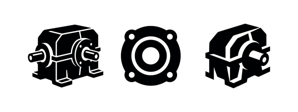 Gearbox icons set. Mechanical gear reducer symbols for industrial transmission and machinery.