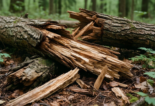 Deforestation and forest decay, broken tree trunk on the ground in a woodland environment showing environmental damage and natural ecosystem collapse