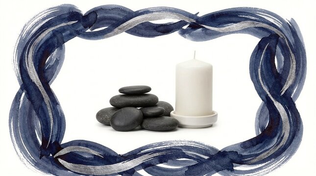 Spa wellness composition with stacked smooth stones, white pillar candle, and twisted navy blue decorative frame on white background for relaxation and meditation themes