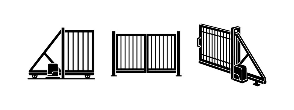 Automatic gate icons set. Sliding gate and double swing gate for property access and security.