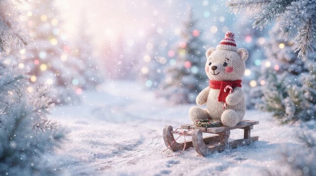 knitted teddy bear on wooden sled in snowy winter forest with bokeh lights. christmas and new year holiday concept. greeting card, banner, website header with copyspace.