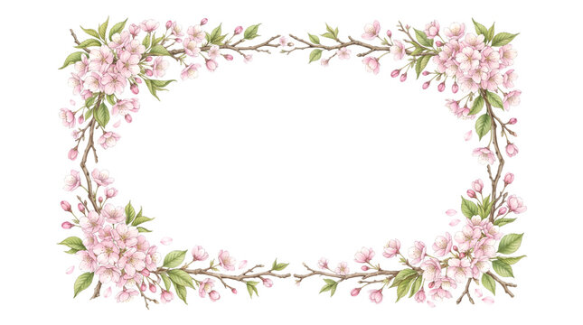 Floral border frame made of watercolor cherry blossoms as transparent cutout