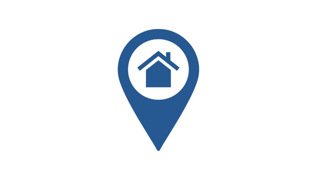 Blue location pin icon with a simple house symbol inside on white background for real estate and navigation mapping services.