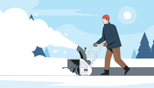 Man in warm winter gear uses a snow blower to clear heavy snow from a driveway or sidewalk in a cold landscape with pine trees and sun.