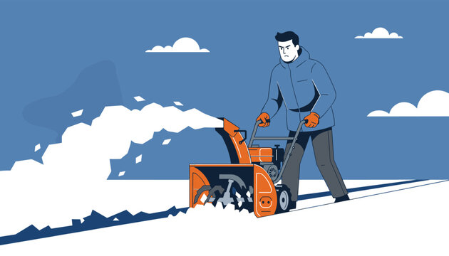 Determined man operates an orange snow blower to clear deep snow from a path against a dark blue winter sky with white clouds in the distance.