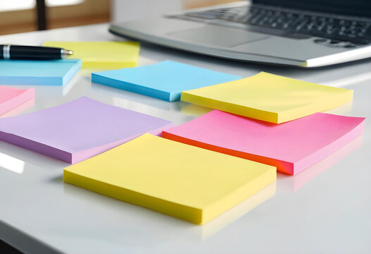 Productivity and task management colorful sticky notes on office desk with laptop for planning organization and project workflow in modern workplace