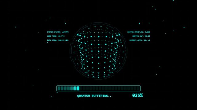 Futuristic cyan holographic digital interface with a glowing sphere matrix and a quantum buffering progress bar