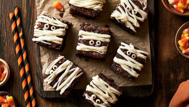 Mummy brownies, a spooky and delicious Halloween treat, arranged on a rustic wooden board. These brownies are decorated with white frosting to resemble mummy bandages and candy eyes.