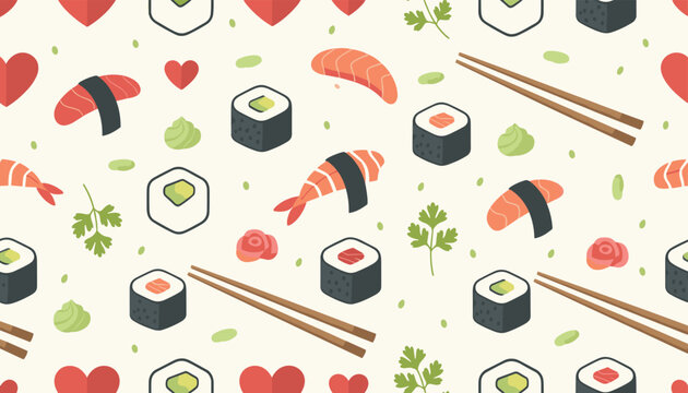 Fun and colorful seamless pattern of assorted sushi, sashimi, ginger, wasabi, and hearts for food, restaurant, and cultural themes.