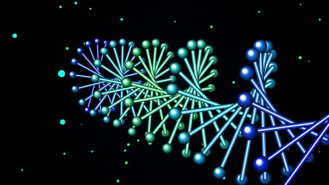 Digital illustration of a glowing dna double helix structure against a dark background with floating particles representing genetic information and biotechnology concepts