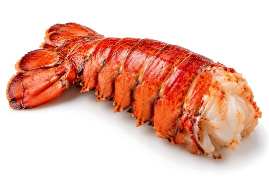 Freshly cooked lobster tail isolated on a clean white background, high quality studio shot of a delicious seafood delicacy ready for gourmet preparation, vibrant red shell with succulent white meat 