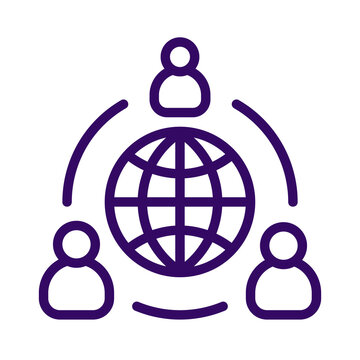 Minimalist purple outline icon representing global teamwork and international community connection transparent background