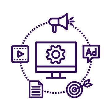 Digital marketing and online advertising campaign concept with computer icon and media elements transparent background