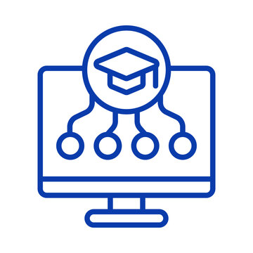 Blue line icon of a computer monitor displaying online education graduation cap and network nodes transparent background