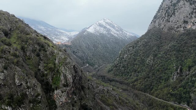 Aerial view of rocky mountains in Anversa degli Abruzzi, Italy.