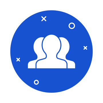 Flat blue circular icon featuring white user group silhouettes for business interface and web design usage transparent background