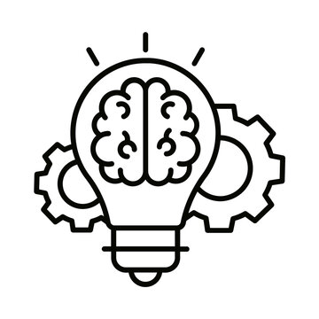 Line art icon of a glowing light bulb with a human brain inside surrounded by mechanical gears on a white background transparent background
