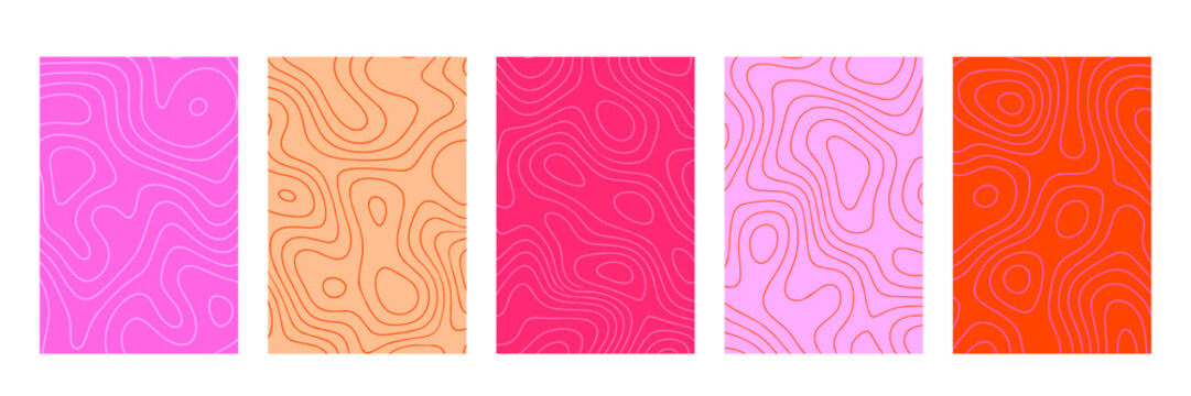 Set of five colorful abstract topographic contour patterns with layered organic lines and fluid shapes, creating a modern psychedelic texture for backgrounds, wallpaper and graphic design.