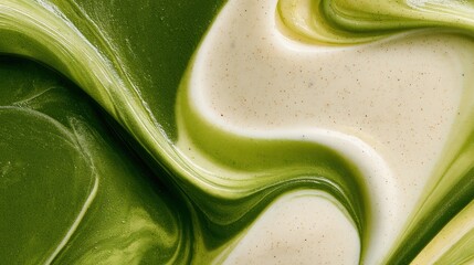 Obraz premium A top view shows matcha and vanilla forming a fluid abstract with vivid green and warm cream, highlighting vanilla flecks in the mix.