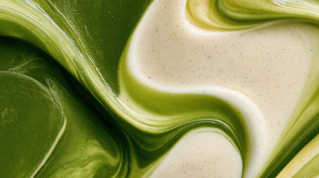 A top view shows matcha and vanilla forming a fluid abstract with vivid green and warm cream, highlighting vanilla flecks in the mix.