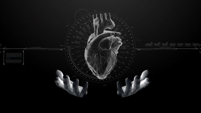 HUD animation video footage featuring a holographic 3D scan image hovering above a palm, conveying a futuristic, high-tech feel associated with data transmission.