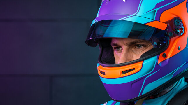 F1 driver wearing a colorful helmet and focusing intensely  