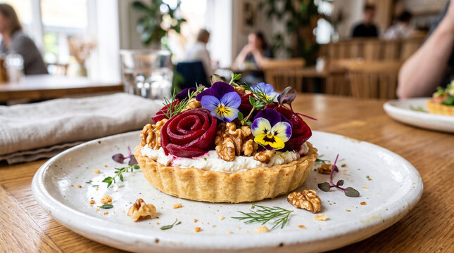 A savory beetroot and goat cheese tartlet featuring pickled beetroot rosettes, whipped goat cheese cream, walnuts, and edible pansies in a bright airy restaurant.