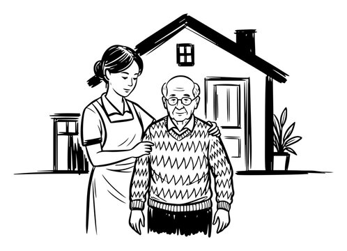 Senior Man with Female Caregiver Nurse Outline Vector Illustration, Elderly Care at Nursing Home Doodle for Healthcare and Coloring Page