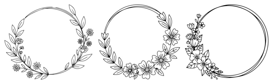 Floral Round Frames Outline Vector Illustration, Botanical Circular Wreaths Set with Flowers and Leaves for Wedding and Invitation Design