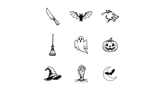 Classic Halloween woodcut illustrations of bat ghost and werewolf for creepy designs.