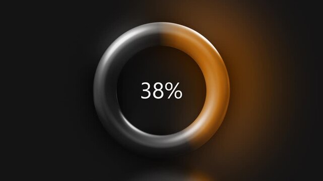 A 3D metallic torus ring animation counting upward from zero to one hundred percent progress with glowing orange light filling the circle on a dark background.