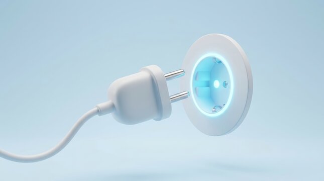 White electric plug approaching glowing blue power socket on light background. Clean 3D render of modern energy connection and electricity concept.