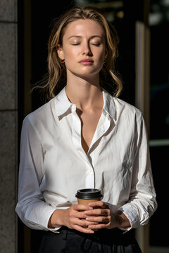 A  realistic photo of an office worker stepping outside for a quiet moment and take a moment of respite