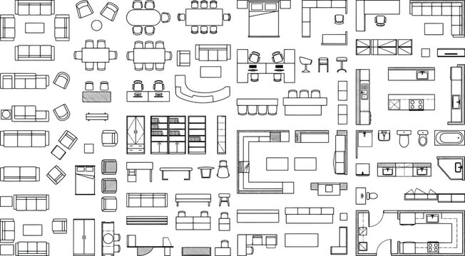 Top view furniture symbols set for architectural floor plans on white