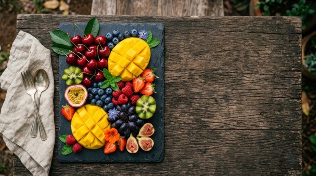 Fresh fruit platter with mango, cherries, strawberries, blueberries, raspberries, kiwi, figs and grapes on slate board. Top view on rustic wooden table with copy space.