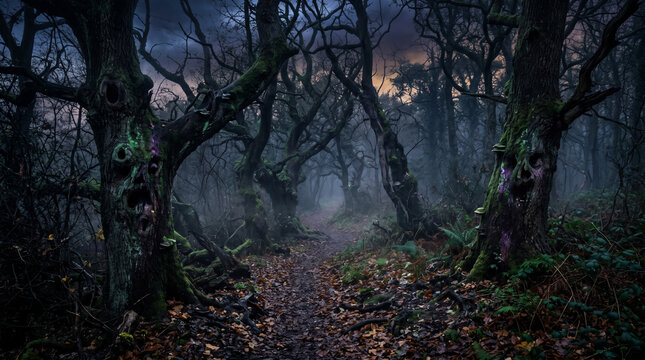 Creepy forest path lined with eerie gnarled trees possessing scary faces.