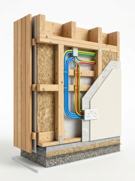 Cross section of timber frame wall with electrical wiring and power outlet. Wooden house structure with insulation, cables and drywall layers.