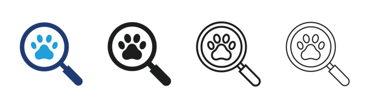 Magnifying glass with pet paw print icon set search pets, veterinary clinic, animal adoption and pet care vector symbol collection