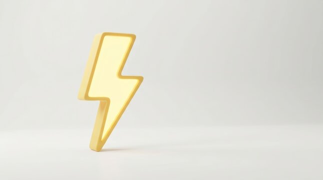 Illuminated yellow lightning bolt symbol stands on a clean white surface. This 3D render represents power, energy, or a quick idea.