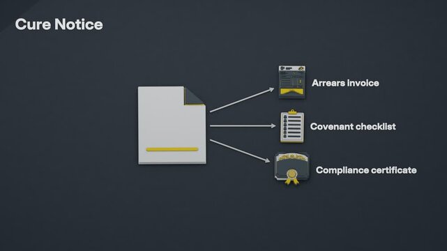 A cure notice prompts arrears payment, covenant review and compliance certification, with a waiver securing resolution before default. Flat 3D style; objects labelled in English.