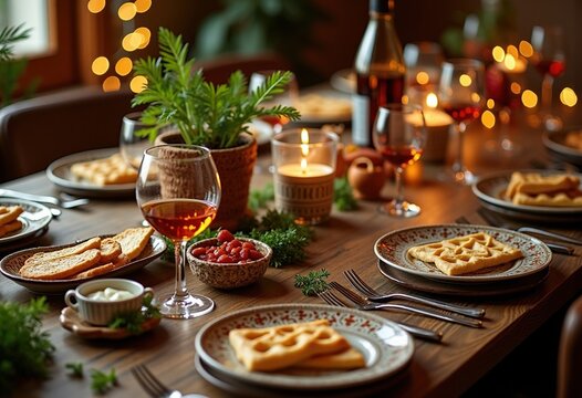 Passover Seder Meal Spread Gorgeous Table Arrangement Matzo Parsley Charoset Wine