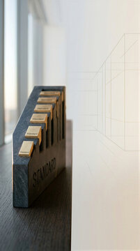 Wooden standard blocks arranged in sequence beside an architectural wireframe, illustrating process consistency, operational workflow, quality control, and business standardization