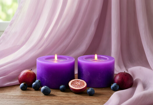 Wellness and relaxation concept, two purple pillar candles burning with fresh fruit on a wooden table with soft pink fabric background for spa decor